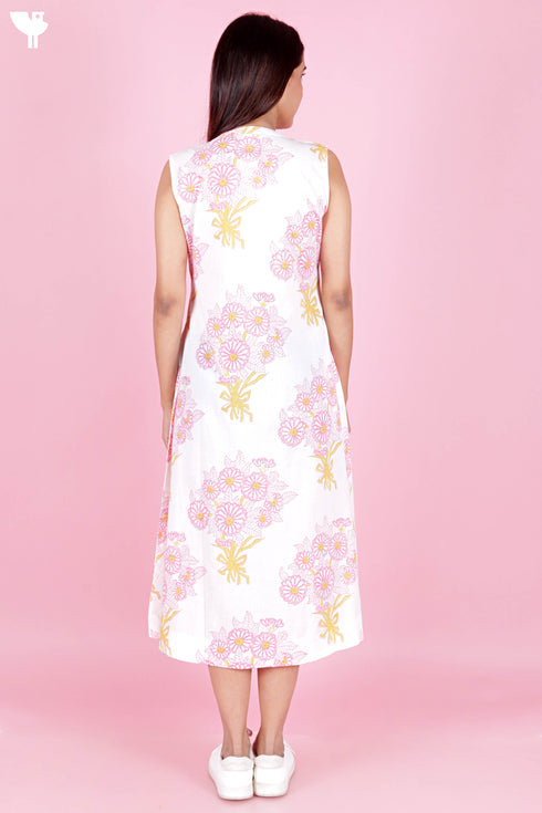 Cambric Cotton Sleeveless Dress In Floral Block Print