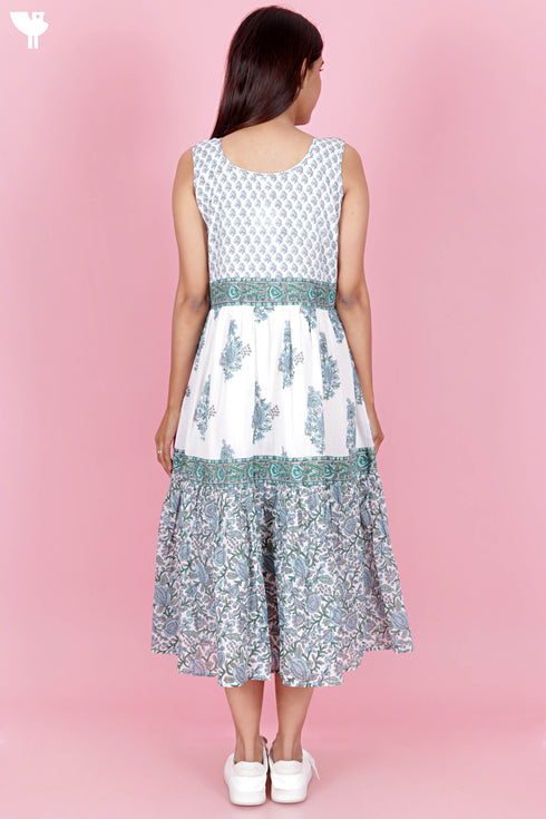Mulmul Cotton Dress In Floral Block Print