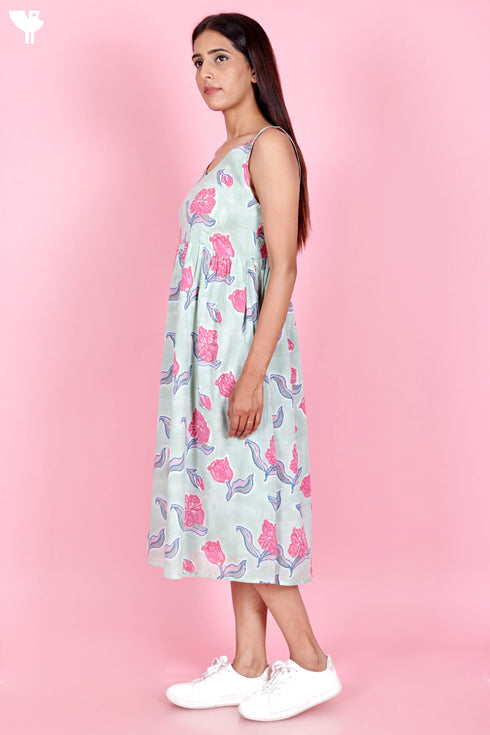 Mulmul Cotton Dress In Floral Block Print