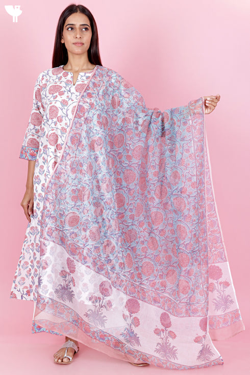 Cambric Cotton Kurta In Floral Block Print