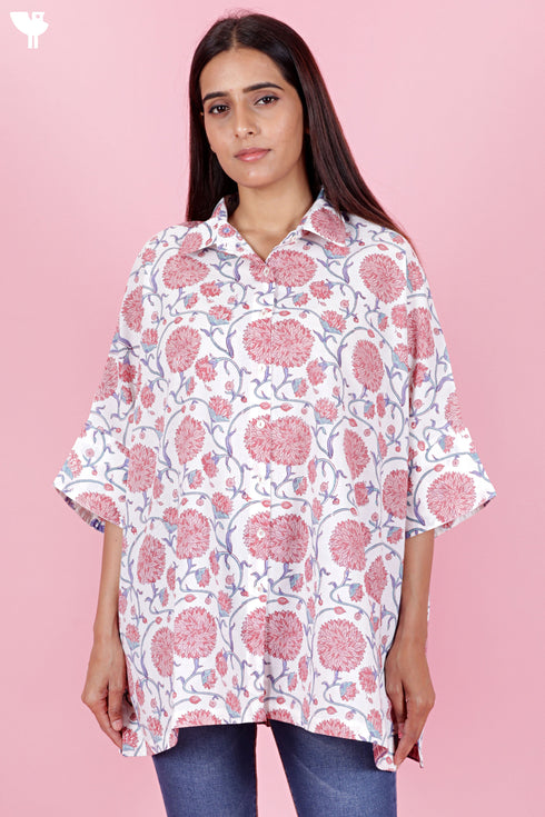 Cambric Cotton Shirt In Floral Block Print