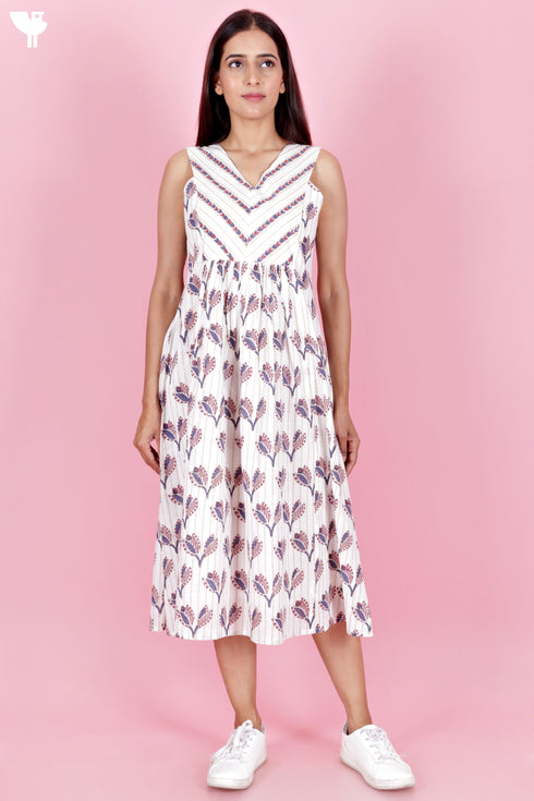 Slub Cotton Sleeveless Dress In Block Print