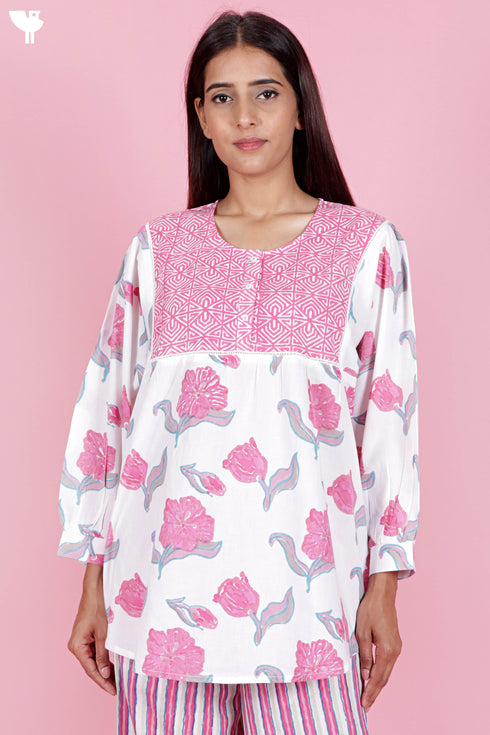 Cambric Cotton Top in Floral Block Print