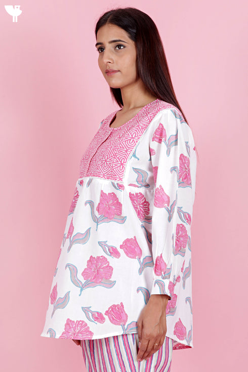 Cambric Cotton Top in Floral Block Print