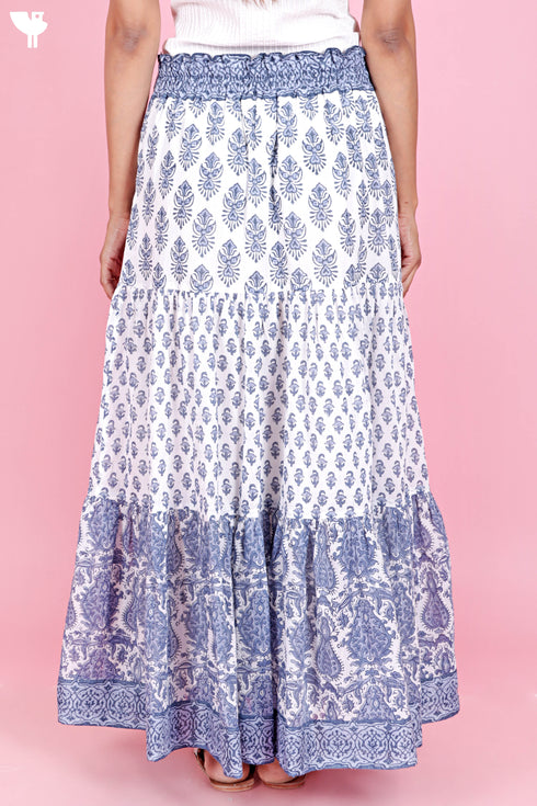 Mulmul Cotton Tiered Skirt In Floral Block Print