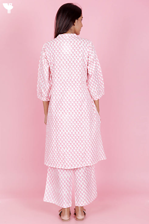 Cambric Cotton Pintucked Kurta In Floral Block Print