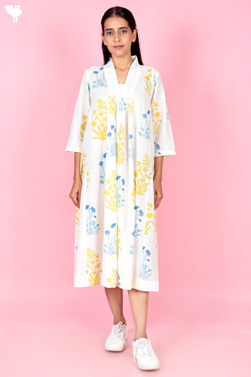 Slub Cotton Panelled Dress In Floral Block Print