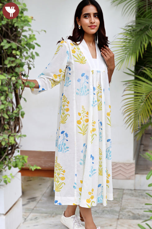 Slub Cotton Panelled Dress In Floral Block Print