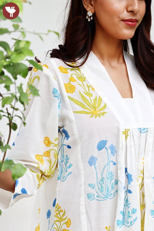 Slub Cotton Panelled Dress In Floral Block Print