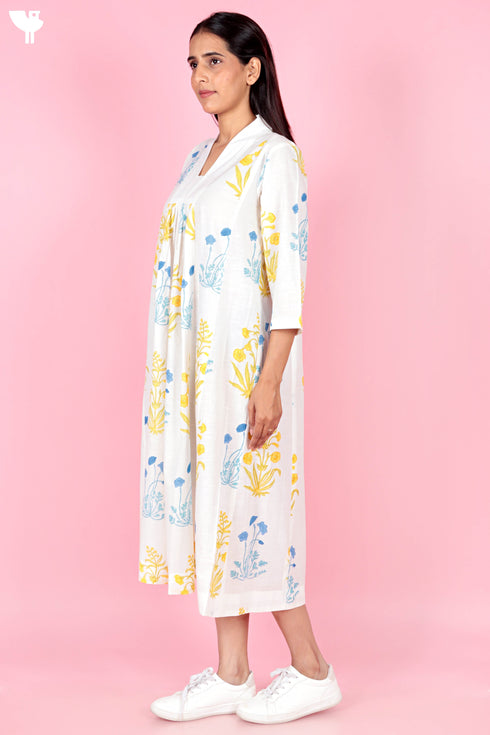 Slub Cotton Panelled Dress In Floral Block Print