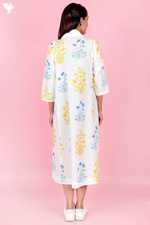 Slub Cotton Panelled Dress In Floral Block Print