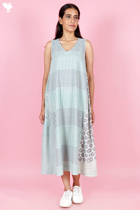 Slub Cotton Sleeveless Dress In Block Print