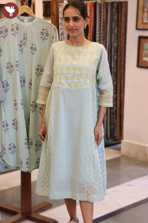 Kota Doria Cotton Dress With Slip In Block Print