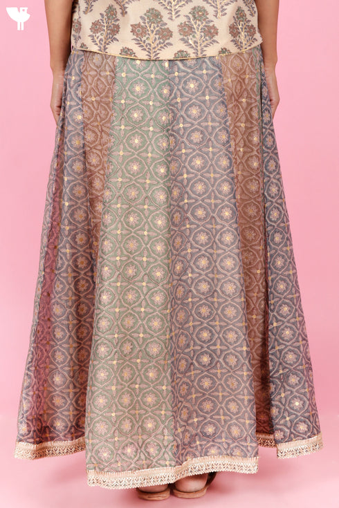 Chanderi Silk Panelled Skirt In Block Print