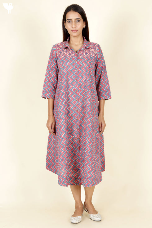 Slub Cotton Dress In Block Print