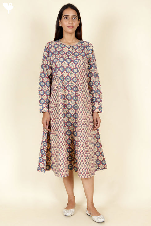 Cambric Cotton Panelled Dress In Block Print