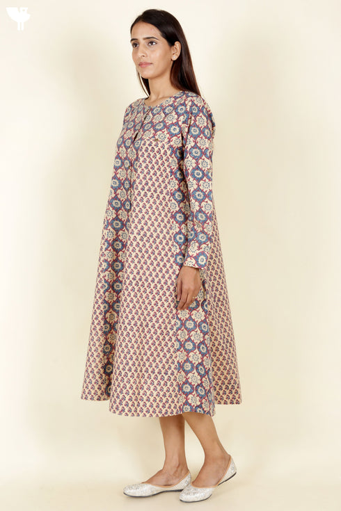Cambric Cotton Panelled Dress In Block Print