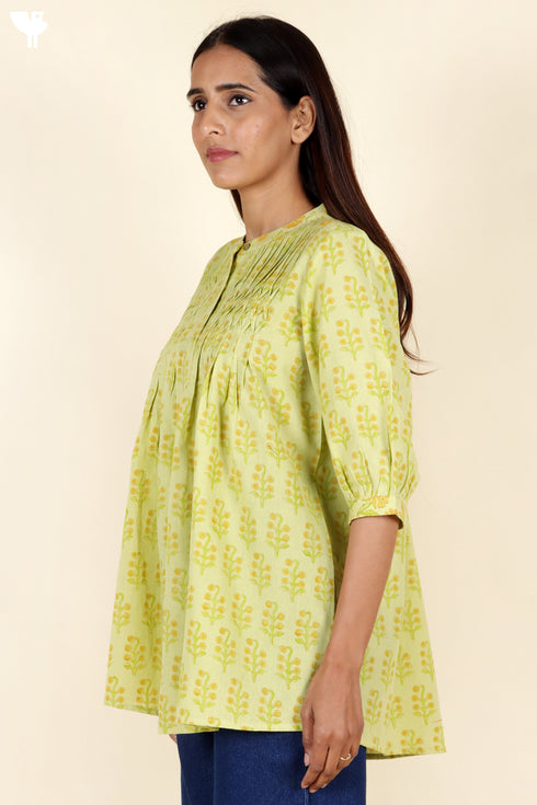 Khaadi Cotton Lime Top With Floral Block Print