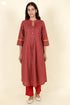 Cambric Cotton Pintucked Kurta In Floral Print Deep Red