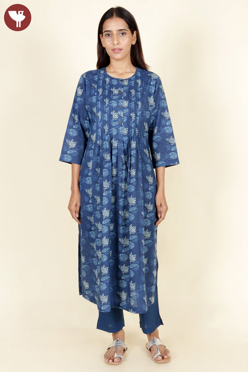 Cambric Cotton Indigo Blue Kurta In Floral Block Print