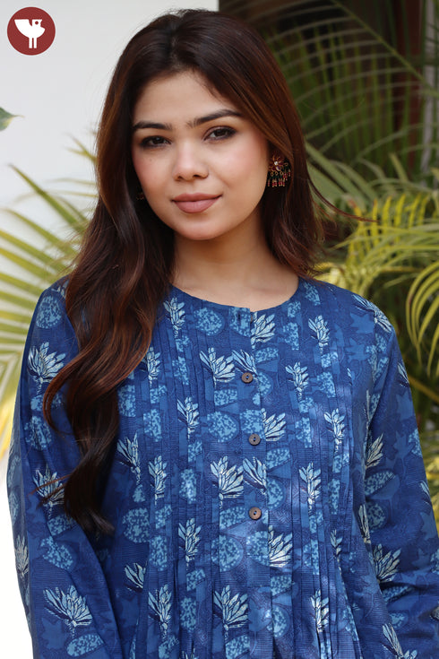Cambric Cotton Indigo Blue Kurta In Floral Block Print