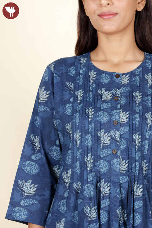 Cambric Cotton Indigo Blue Kurta In Floral Block Print