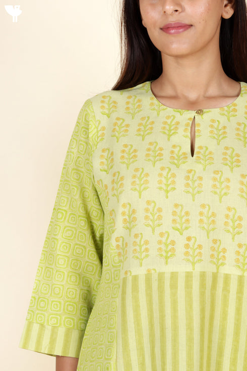 Khaadi Cotton Lime Kurta In Floral Block Print