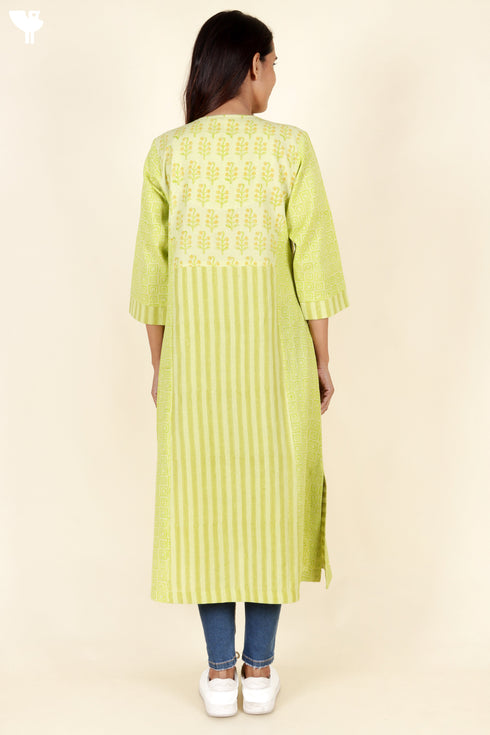 Khaadi Cotton Lime Kurta In Floral Block Print
