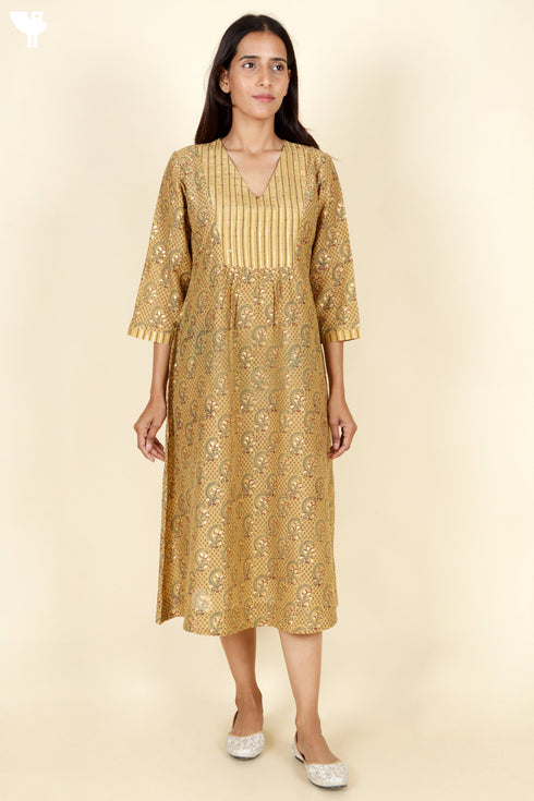 Cotton Silk Olive Mustard Dress in Block Print
