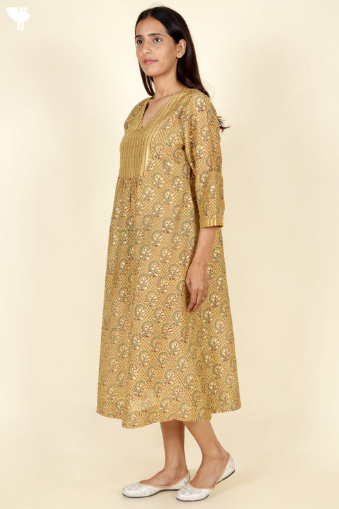 Cotton Silk Olive Mustard Dress in Block Print