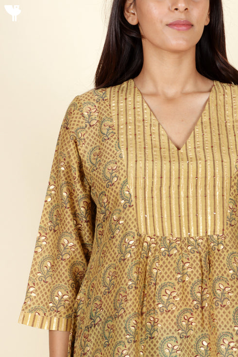 Cotton Silk Olive Mustard Dress in Block Print