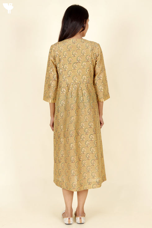 Cotton Silk Olive Mustard Dress in Block Print