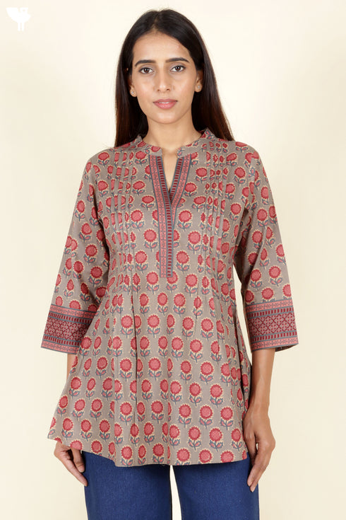 Cambric Cotton Pintuck Kurta With Floral Block Print