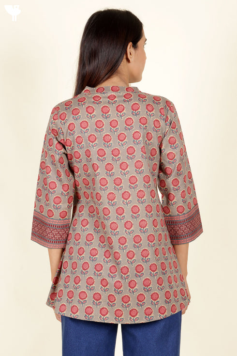 Cambric Cotton Pintuck Kurta With Floral Block Print