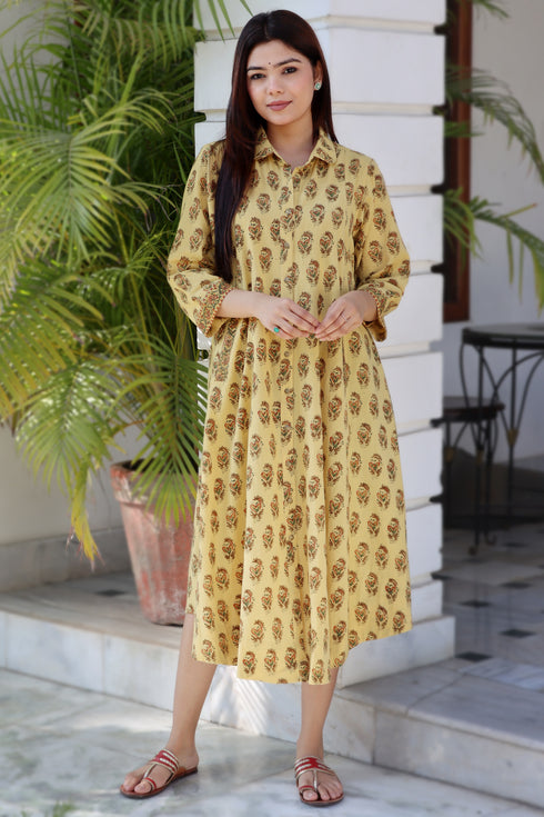 Khaadi Cotton Mustard Dress in Floral Block Print