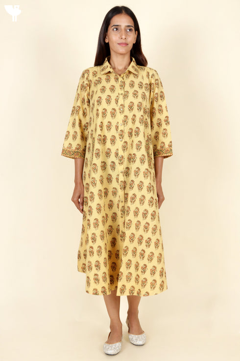 Khaadi Cotton Mustard Dress in Floral Block Print