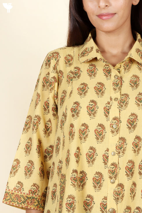 Khaadi Cotton Mustard Dress in Floral Block Print