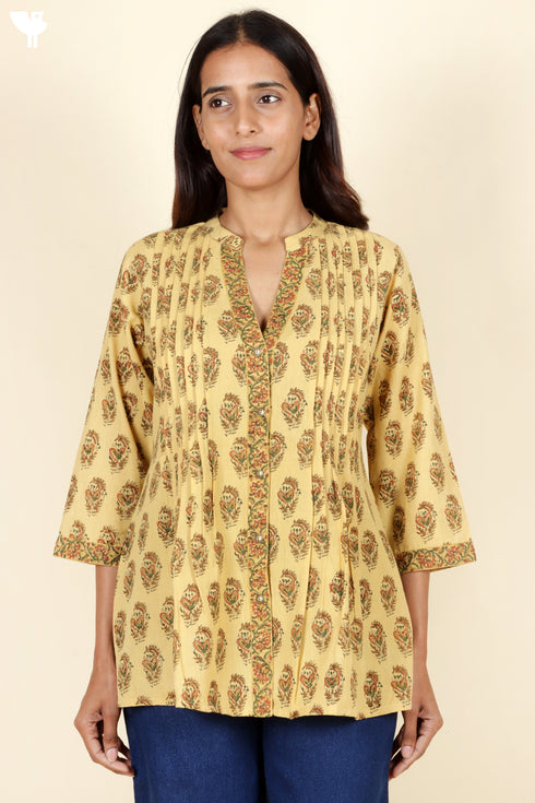 Khaadi Cotton Pintucked Top In Floral Print Mustard