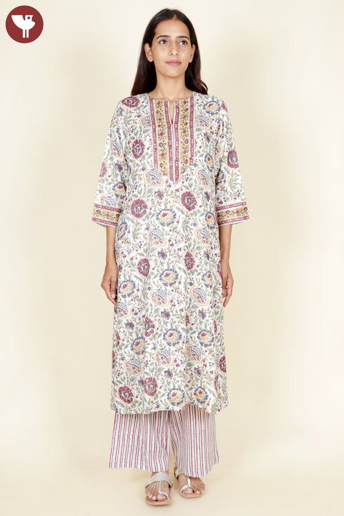 Mulmul Cotton Ivory Kurta In Floral Block Print