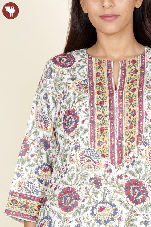 Mulmul Cotton Ivory Kurta In Floral Block Print