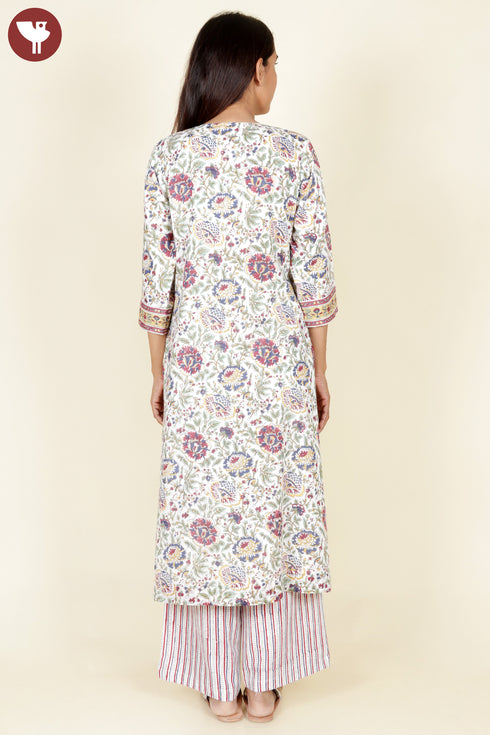 Mulmul Cotton Ivory Kurta In Floral Block Print
