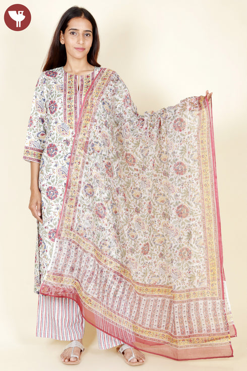 Mulmul Cotton Ivory Kurta In Floral Block Print