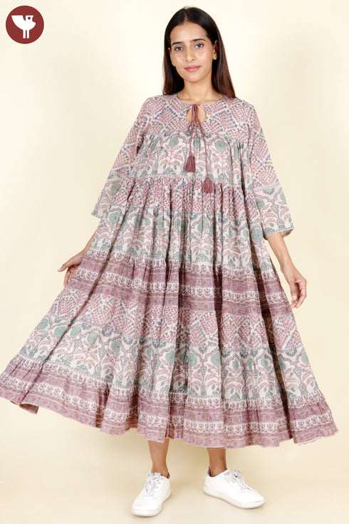 Mulmul Cotton Tier Dress In Block Print