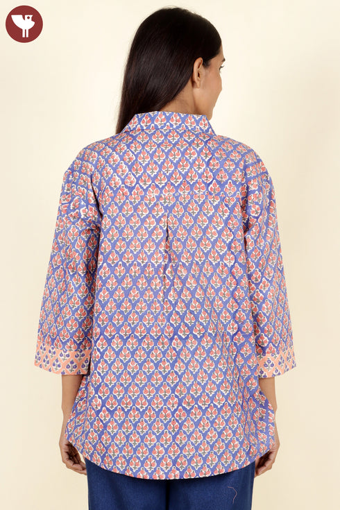Cambric Cotton Shirt Top In Floral Block Print