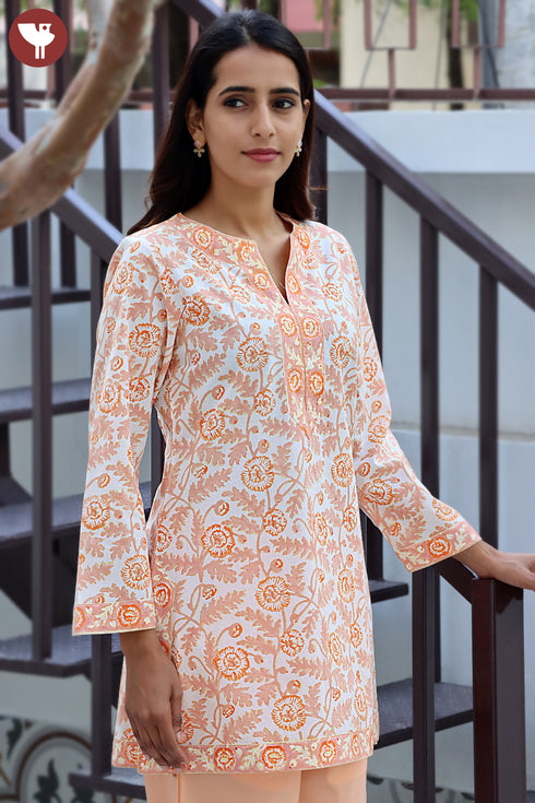 Cambric Cotton Peach Top In Floral Block Print