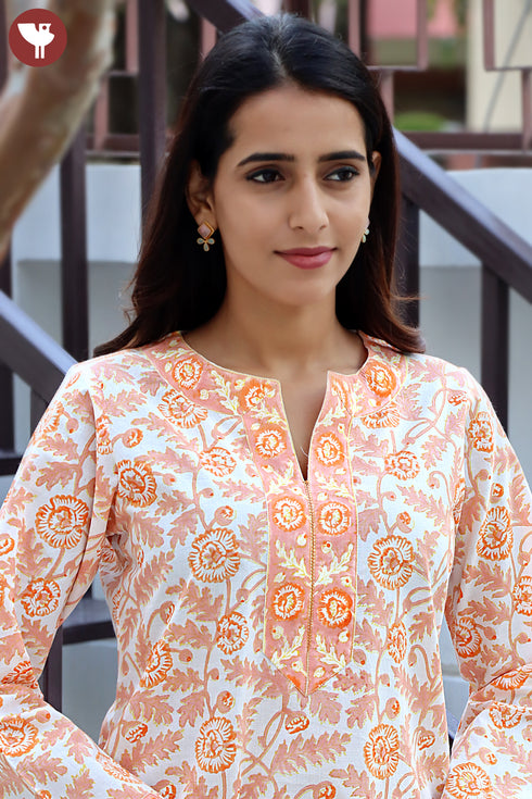 Cambric Cotton Peach Top In Floral Block Print