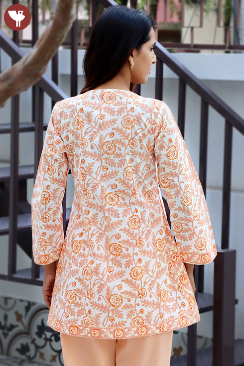Cambric Cotton Peach Top In Floral Block Print