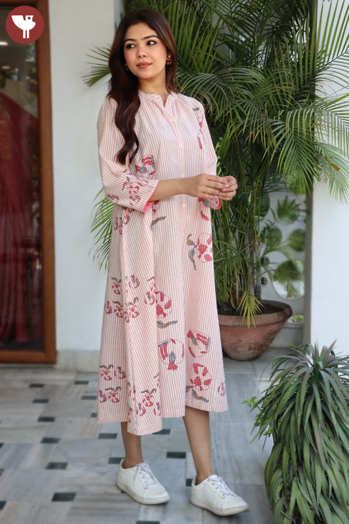 Khaadi Cotton Striped Dress In Block Print