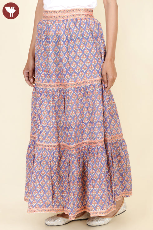 Cambric Cotton Long Skirt In Block Print