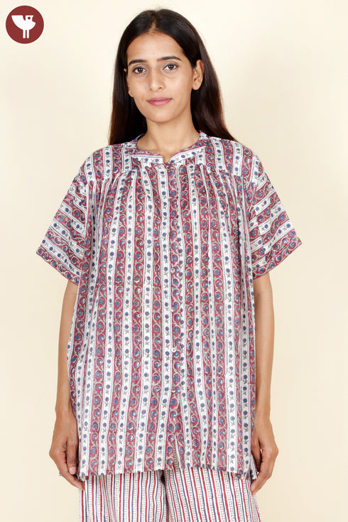 Mulmul Cotton White Printed Top InBlock Print